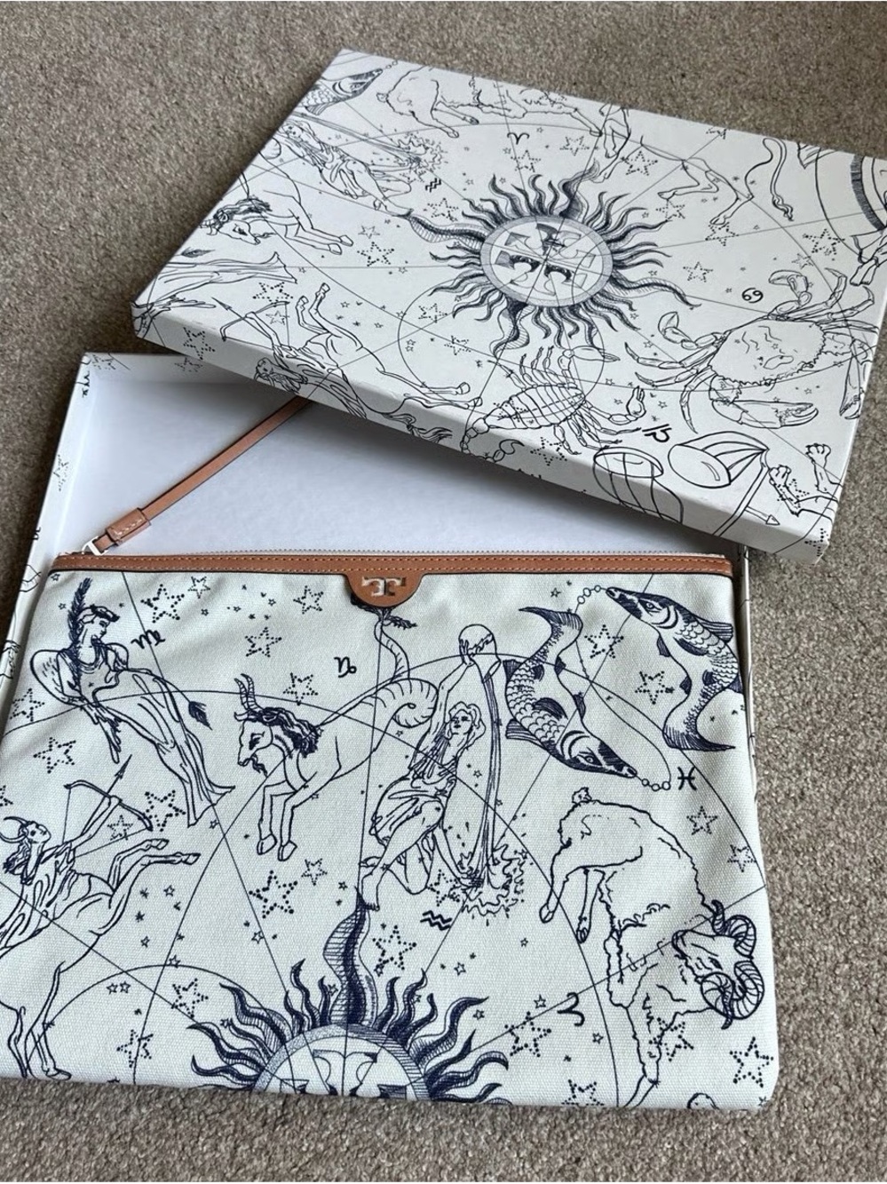 Tory Burch White and Navy Zodiac Canvas Pouch with Tan Trim